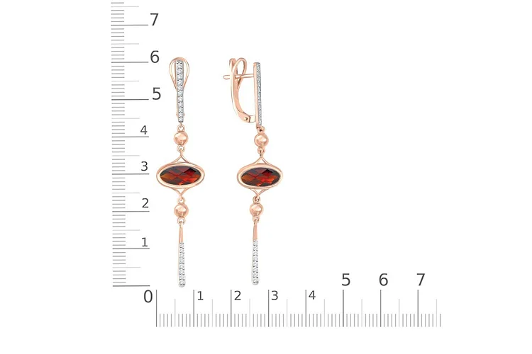 Серьги из красного золота с 2 гранатами и 38 фианитами