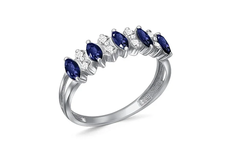 Кольцо из белого золота с 5 сапфирами и 8 бриллиантами