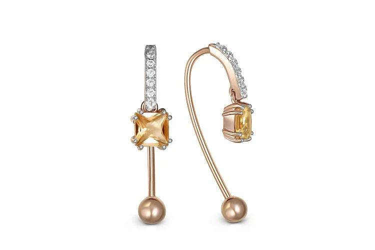 Серьги из красного золота с 2 цитринами и 14 фианитами