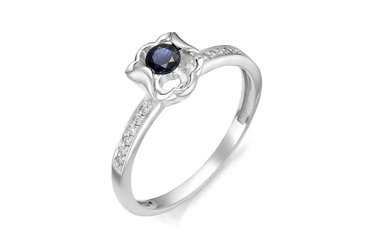 Кольцо Цветок из белого золота с сапфиром и 12 бриллиантами