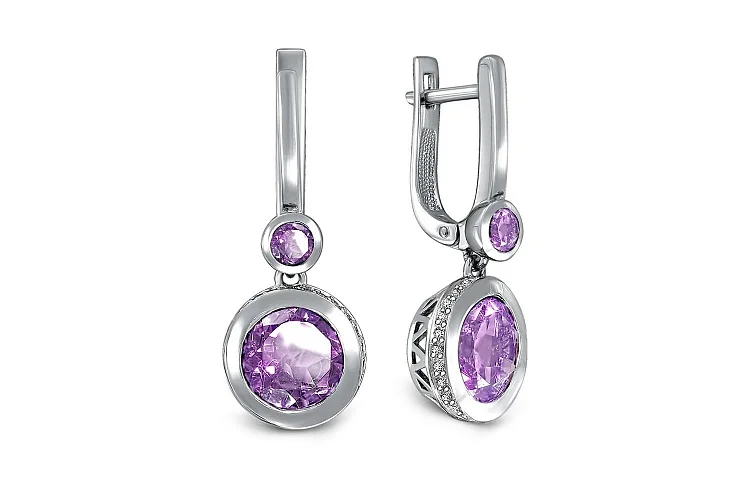 Серьги из белого золота с 4 аметистами и 52 фианитами