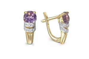 Серьги из жёлтого золота с 2 аметистами и 14 фианитами