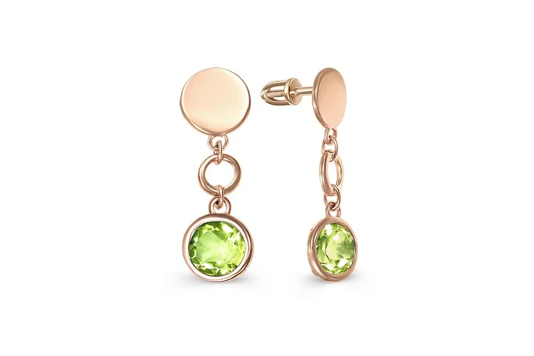 Серьги-пусеты из красного золота с 2 хризолитами