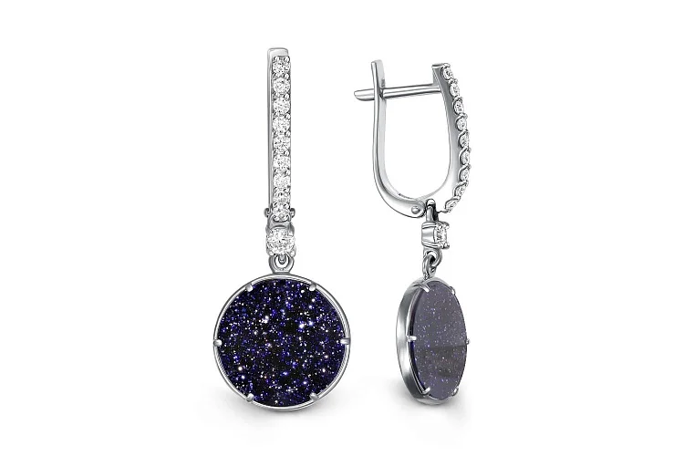 Серьги из белого золота с 2 авантюринами и 20 фианитами