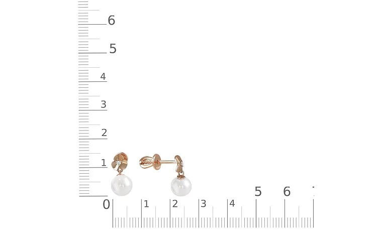 Серьги-пусеты Цветы из красного золота с 2 жемчужинами и 2 фианитами