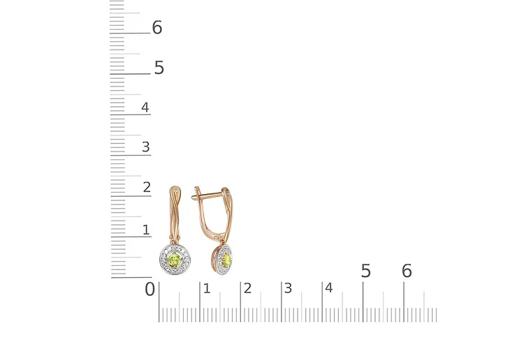 Серьги из красного золота с 2 хризолитами и 34 фианитами
