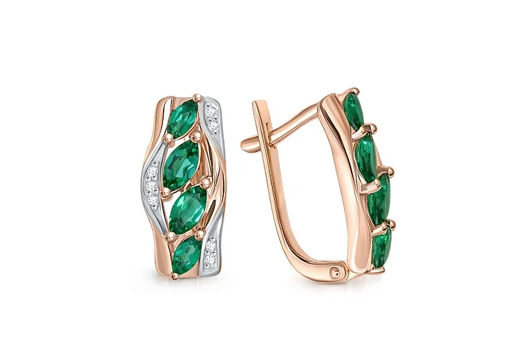 Серьги из красного золота с 8 изумрудами и 14 фианитами