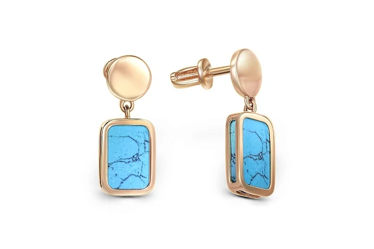 Серьги-пусеты Прямоугольники из красного золота с бирюзой