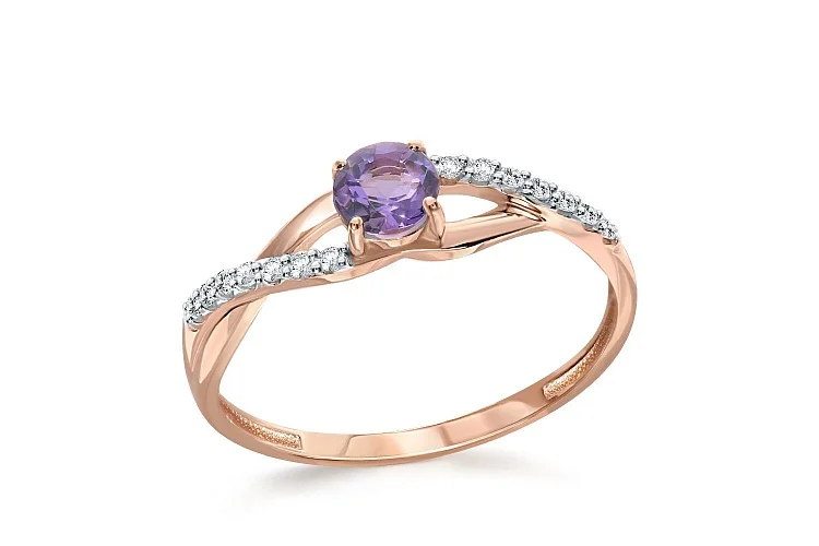 Кольцо из красного золота с аметистом и 14 фианитами