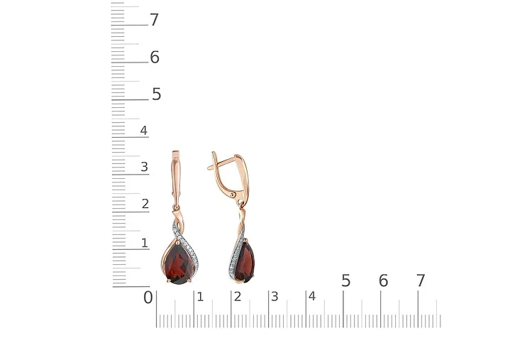 Серьги из красного золота с 2 гранатами и 24 фианитами