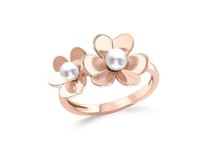 Кольцо Цветок из красного золота с 2 жемчужинами