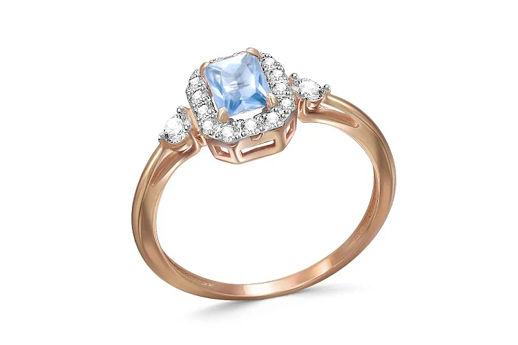 Кольцо из красного золота с топазом sky и 16 фианитами