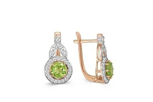 Серьги из красного золота с 2 хризолитами и 58 фианитами