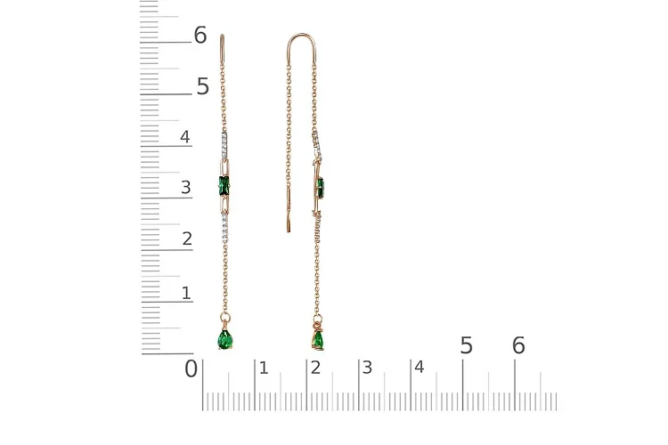 Серьги-продёвки из красного золота с 4 изумрудами и 20 бриллиантами