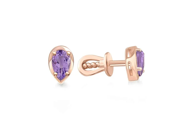 Серьги-пусеты из красного золота с 2 аметистами