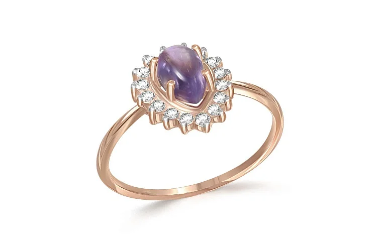 Кольцо из красного золота с аметистом и 16 фианитами
