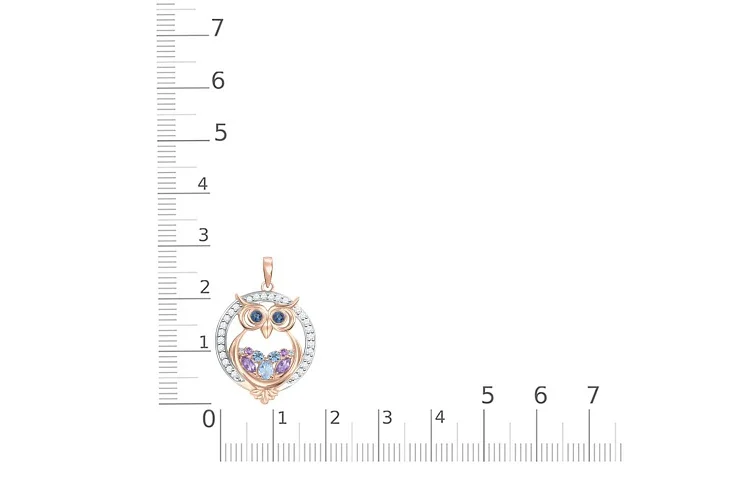 Подвеска Сова из красного золота с аметистами, топазами sky и топазами swiss