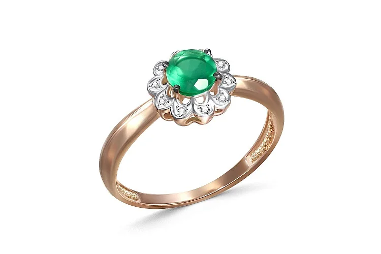 Кольцо Цветок из красного золота с агатом и 10 фианитами