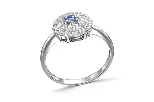 Кольцо Цветок из белого золота с танзанитом и 24 фианитами