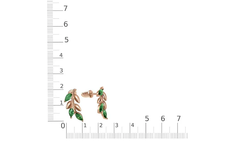 Серьги-пусеты Веточки из красного золота с 6 фианитами