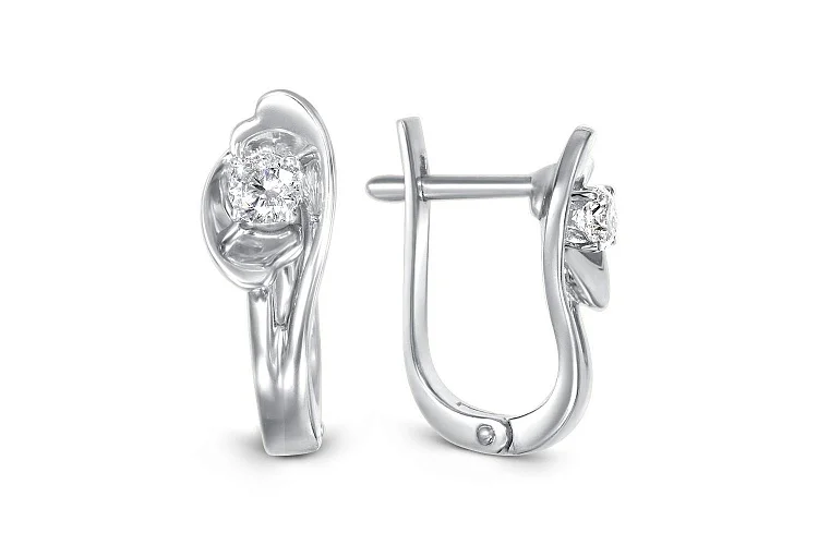 Серьги Цветы из белого золота с 2 фианитами