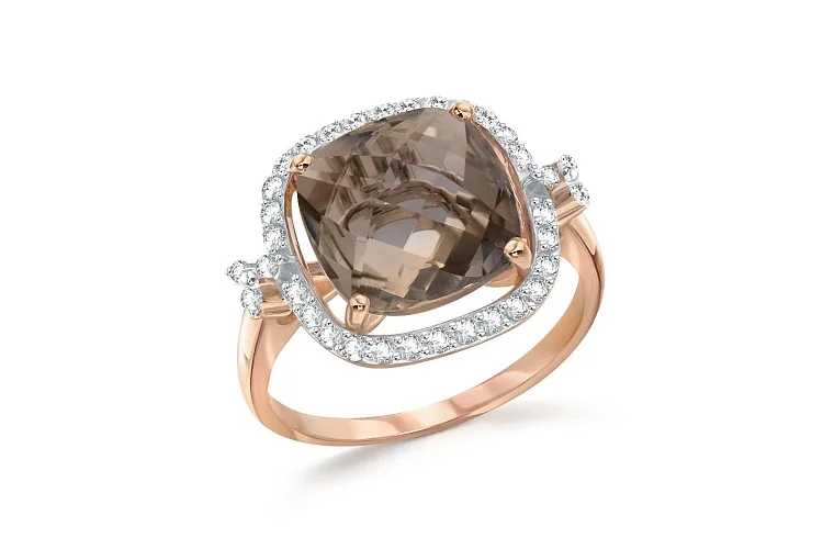 Кольцо из красного золота с раухтопазом и 34 фианитами