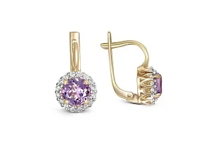 Серьги из жёлтого золота с 2 аметистами и 32 фианитами