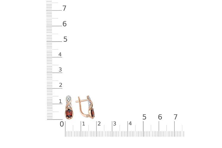 Серьги из красного золота с 2 гранатами и 14 фианитами