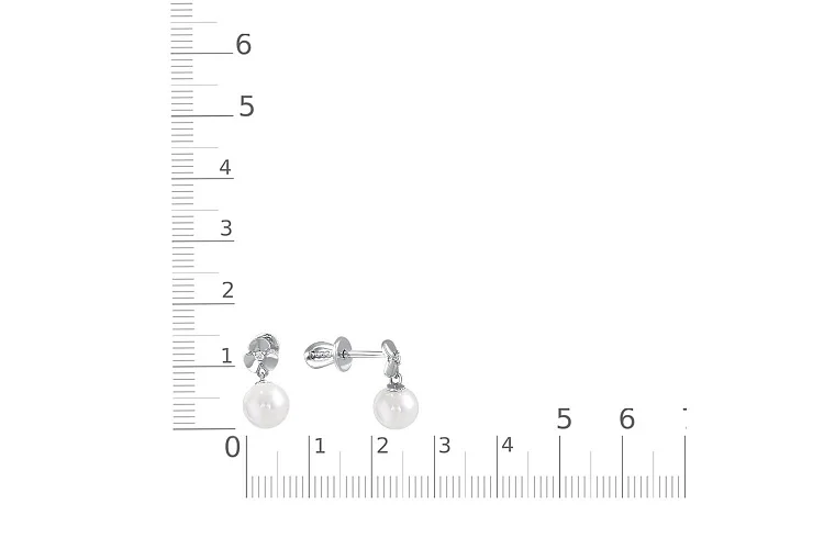 Серьги-пусеты Цветы из белого золота с 2 жемчужинами и 2 фианитами