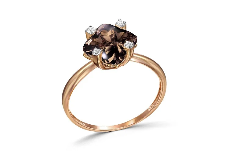 Кольцо из красного золота с раухтопазом и 4 фианитами