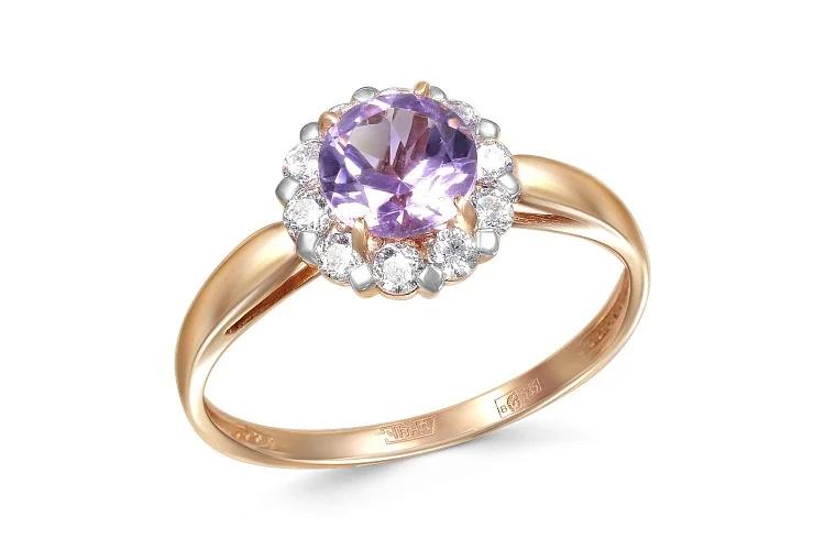 Кольцо из красного золота с аметистом и 10 фианитами