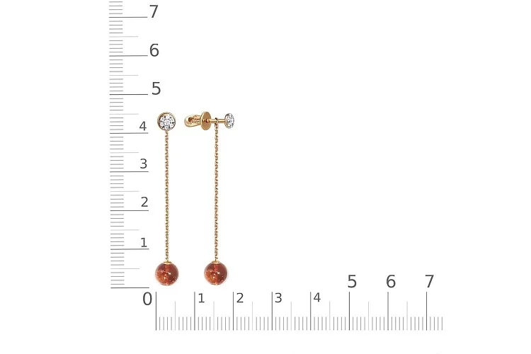 Серьги-пусеты из красного золота с янтарём и 14 фианитами