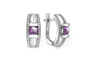 Серьги из белого золота с 2 аметистами и 60 фианитами