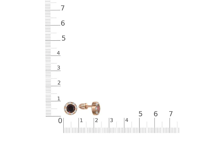 Серьги-пусеты из красного золота с 2 гранатами и 16 фианитами