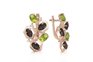 Серьги из красного золота с раухтопазами, хризолитами и фианитами