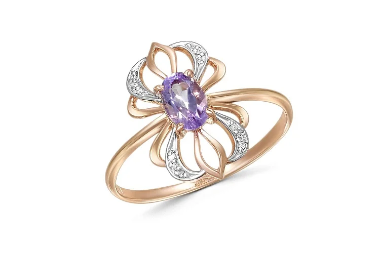 Кольцо из красного золота с аметистом и 12 бриллиантами