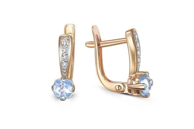 Серьги из красного золота с 2 топазами sky и 8 фианитами