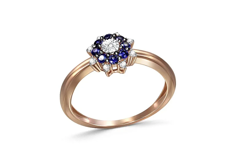 Кольцо из красного золота с 8 корундами и 9 бриллиантами