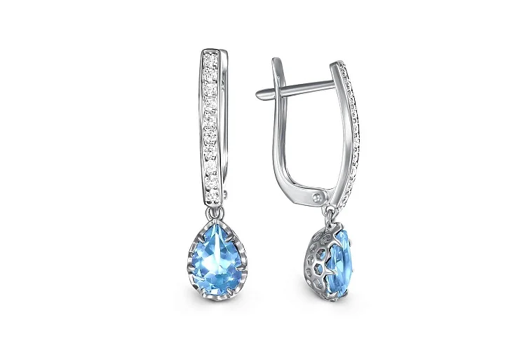 Серьги из белого золота с 2 топазами swiss и 20 фианитами