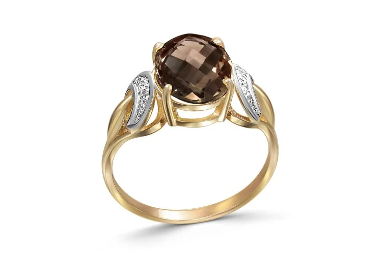 Кольцо из жёлтого золота с раухтопазом и 6 фианитами