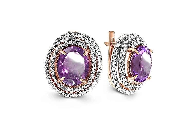 Серьги из красного золота с 2 аметистами и 138 фианитами