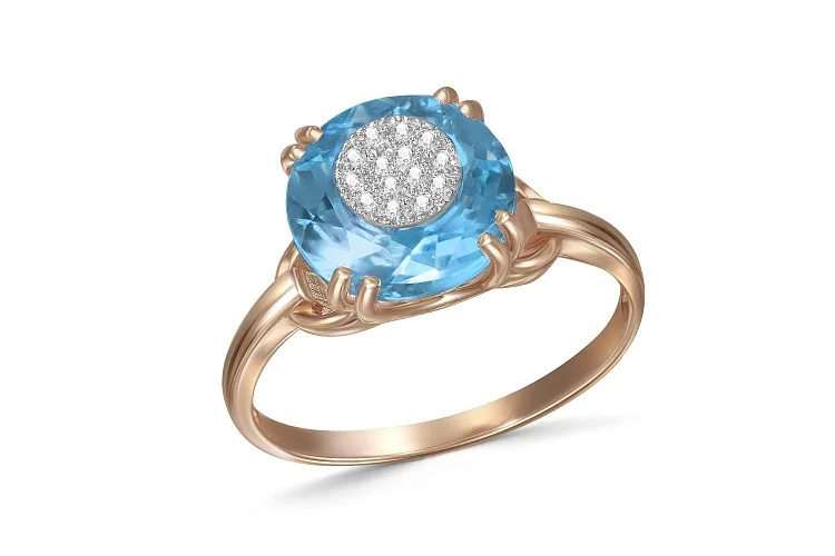 Кольцо из красного золота с топазом swiss и 14 бриллиантами