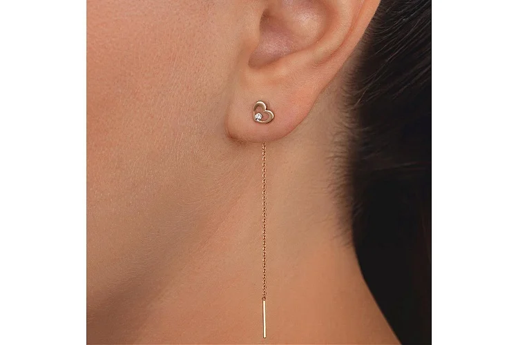 Серьги-продёвки Сердца из красного золота с 2 фианитами