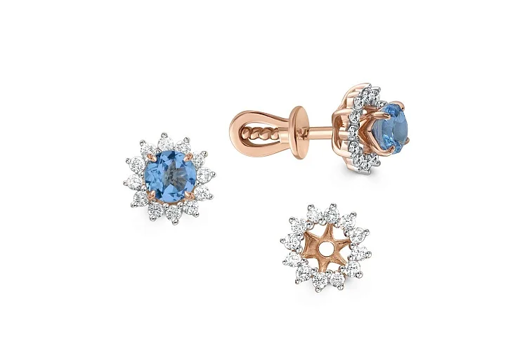 Серьги-пусеты из красного золота с 2 топазами swiss и 24 фианитами