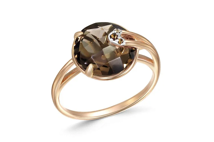 Кольцо из красного золота с раухтопазом и 3 фианитами