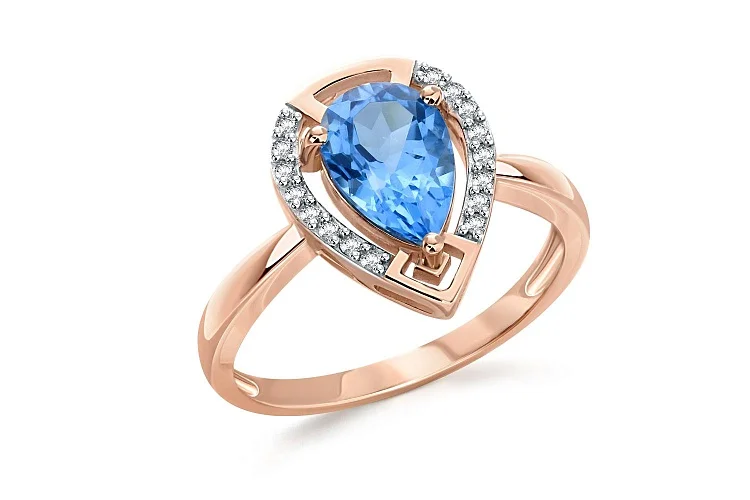 Кольцо из красного золота с топазом swiss и 16 фианитами