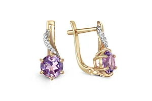 Серьги из жёлтого золота с 2 аметистами и 10 фианитами