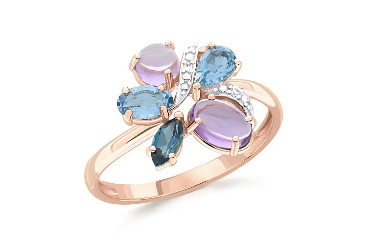 Кольцо из красного золота с аметистами, топазами swiss и топазом лондон