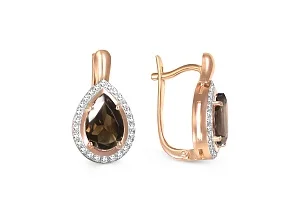 Серьги из красного золота с 2 раухтопазами и 52 фианитами