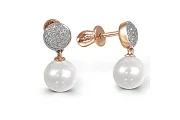 Серьги-пусеты из красного золота с 2 жемчужинами и 62 фианитами